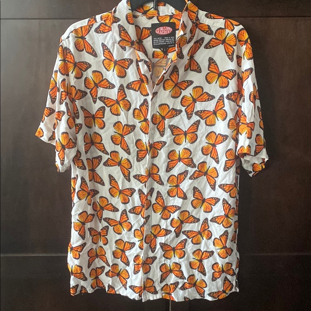 Men's White and Orange Butterfly Print Shirt